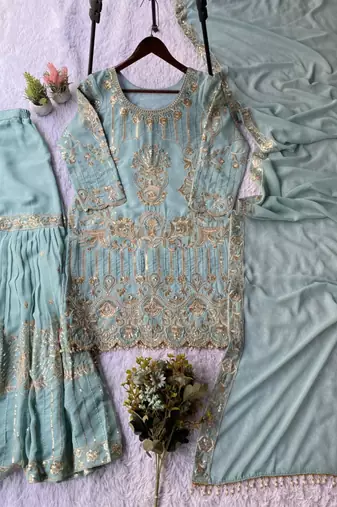 sea green georgette sharara suit with zari work