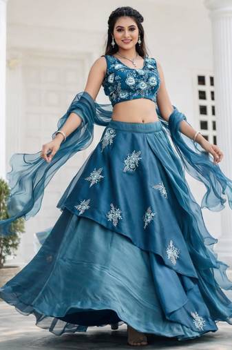 teal silk blend embroidered lehenga set
