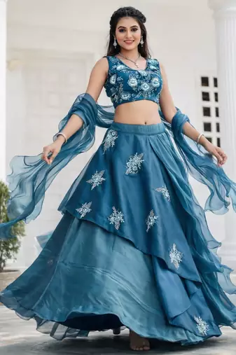 teal silk blend embroidered lehenga set