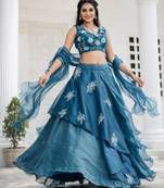 teal silk blend embroidered lehenga set