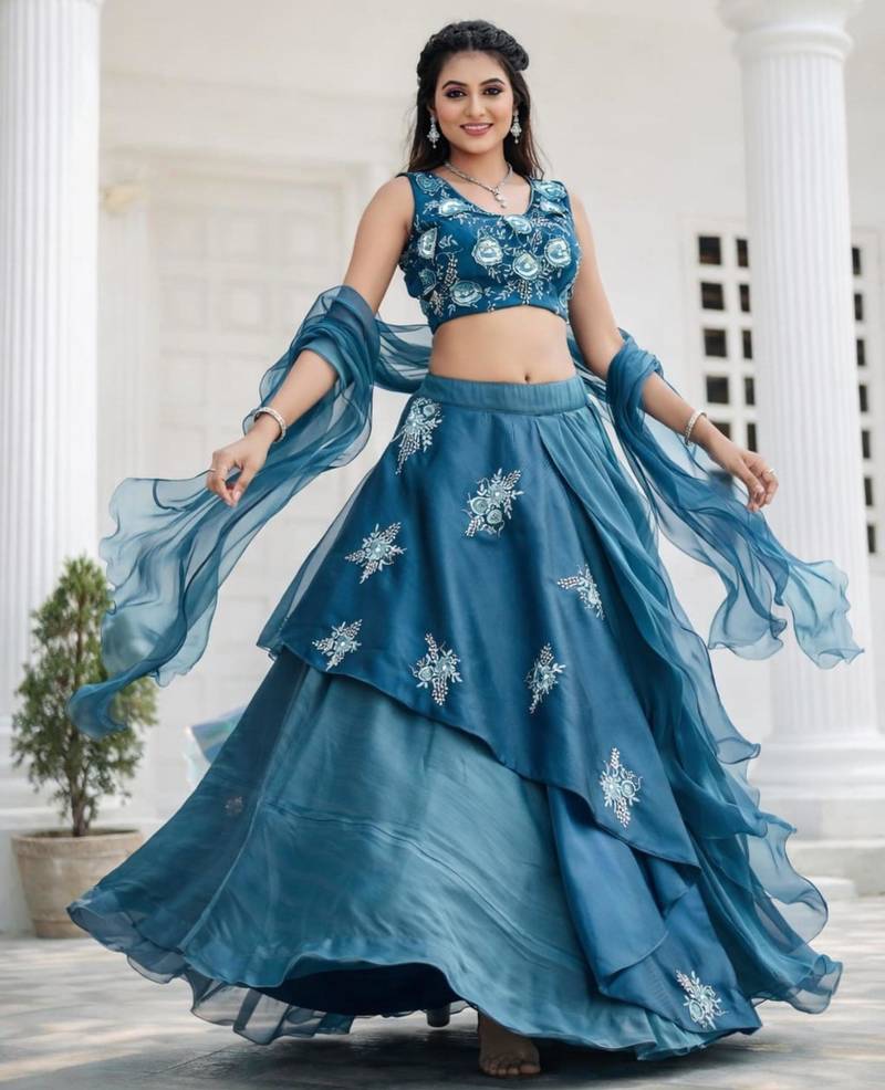 teal silk blend embroidered lehenga set
