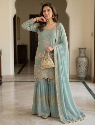 sea green georgette sharara suit with zari work 3