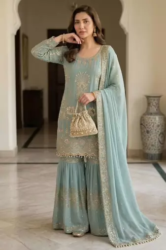 sea green georgette sharara suit with zari work
