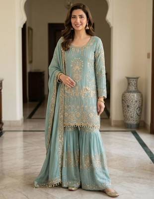 sea green georgette sharara suit with zari work 4