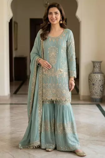 sea green georgette sharara suit with zari work