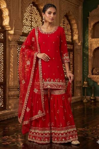 red georgette embroidered sharara set