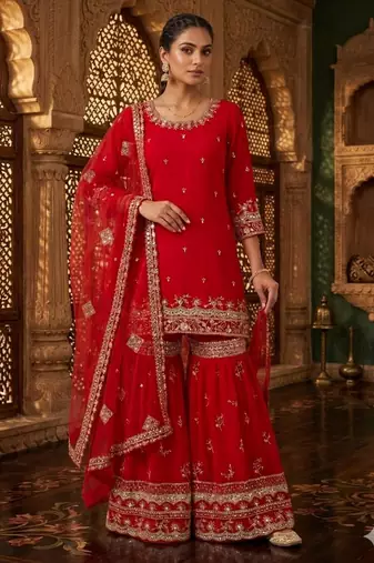 red georgette embroidered sharara set