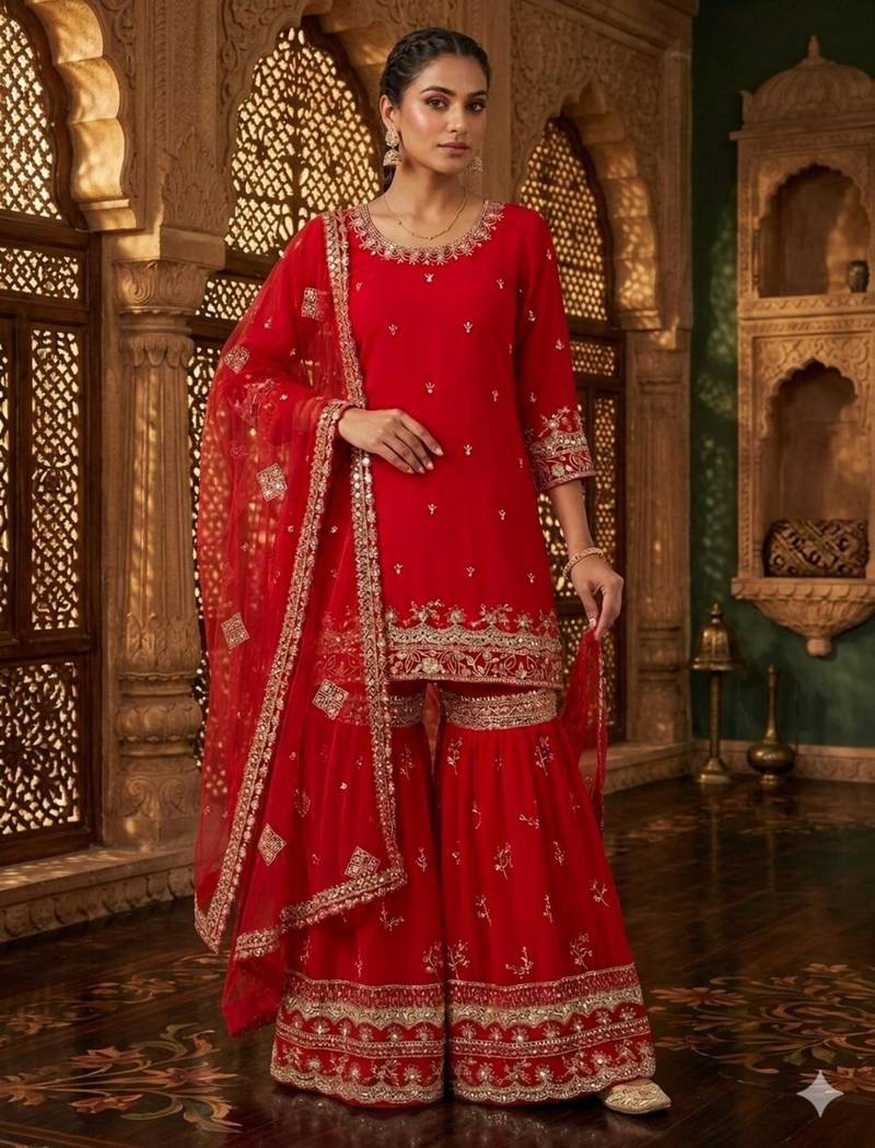 red georgette embroidered sharara set
