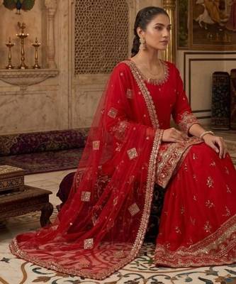 red georgette sharara suit with zari work 2