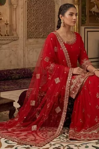 red georgette sharara suit with zari work