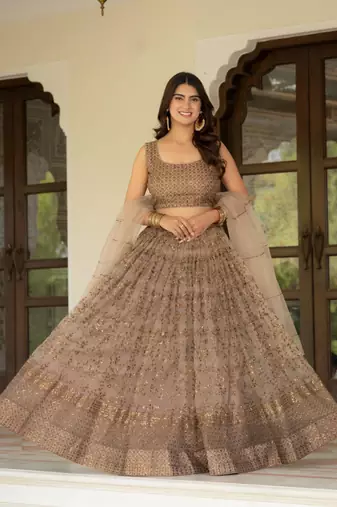 coffee net embroidered lehenga set