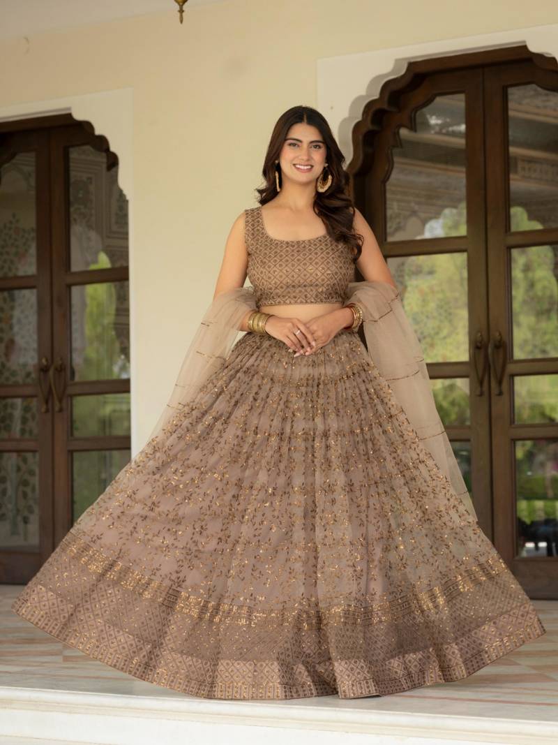 coffee net embroidered lehenga set
