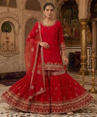 red georgette sharara suit with zari work 3