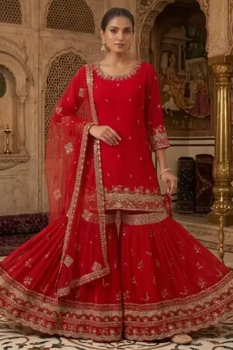 red georgette sharara suit with zari work