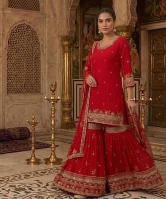 red georgette sharara suit with zari work 4