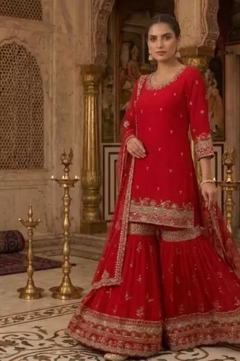 red georgette sharara suit with zari work
