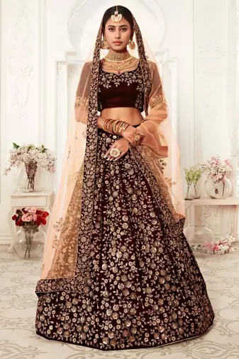 dark maroon silk blend embroidered lehenga set