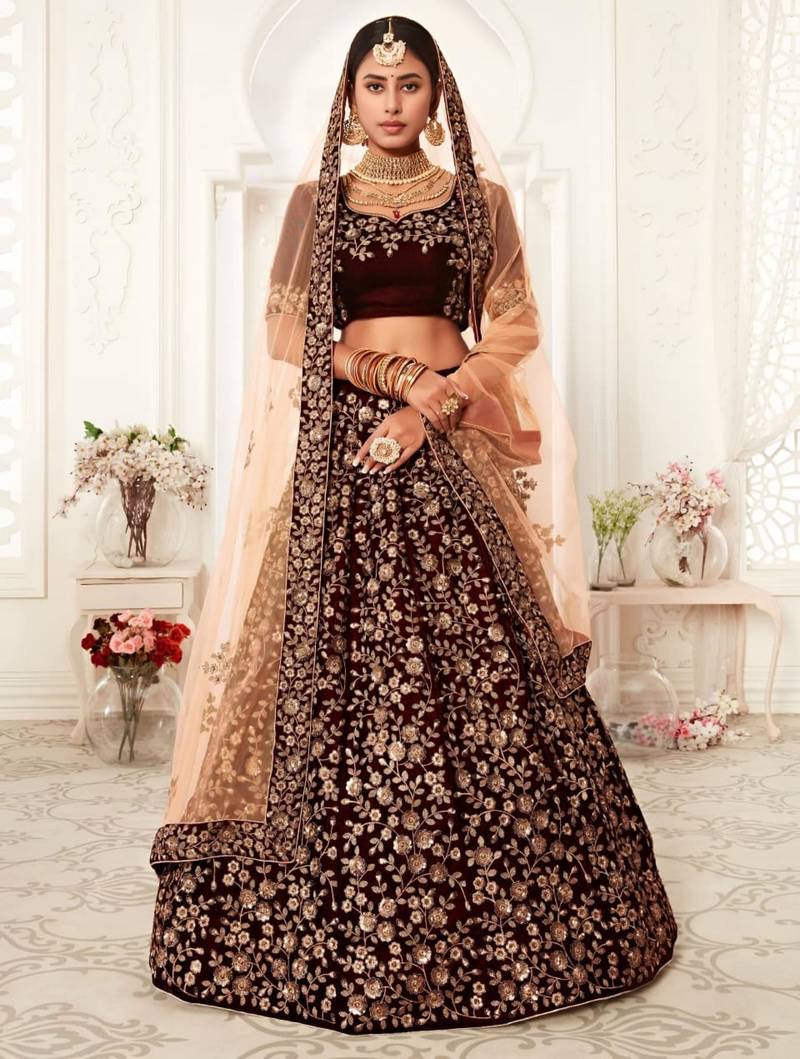 dark maroon silk blend embroidered lehenga set