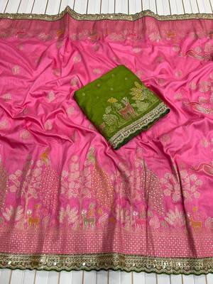 pink dola silk saree with embroidery sequins work 1
