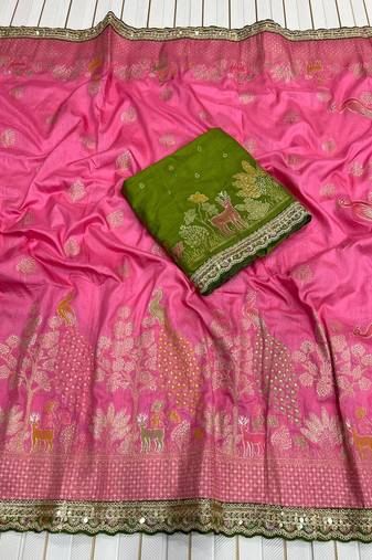 Pink Color embroidery cording sequin and thread work Dolla silk blend Saree