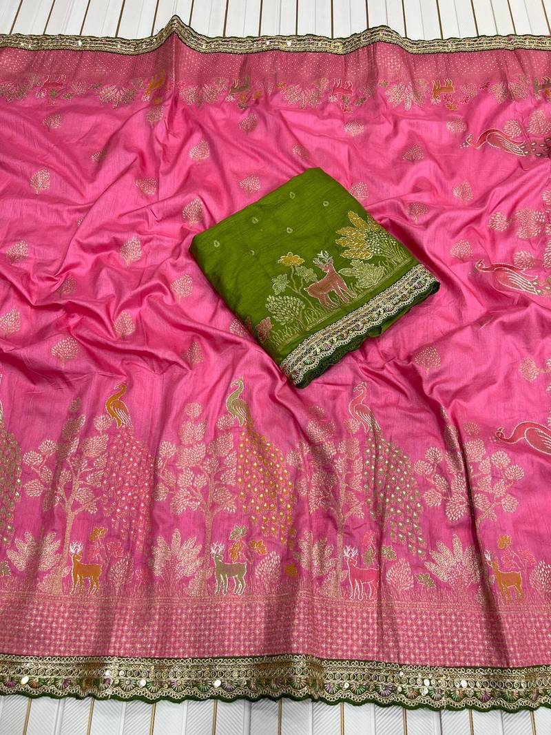 Pink Color embroidery cording sequin and thread work Dolla silk blend Saree