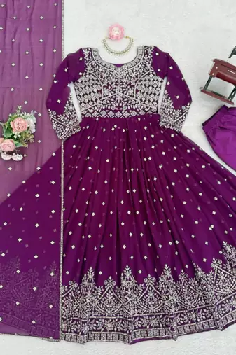 purple georgette anarkali set with mirror work