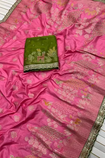 pink dola silk saree with embroidery sequins work