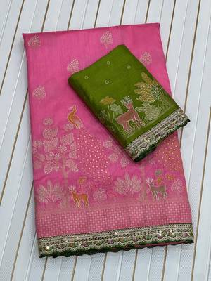 pink dola silk saree with embroidery sequins work 3
