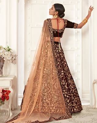 dark maroon silk blend lehenga with floral embroidery
 2