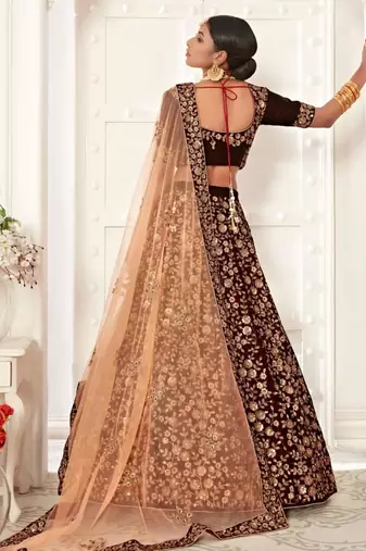 dark maroon silk blend lehenga with floral embroidery