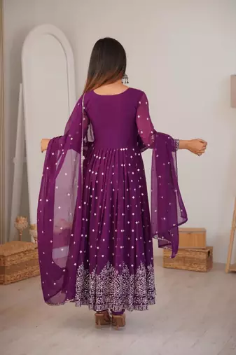 purple georgette anarkali set with mirror work
