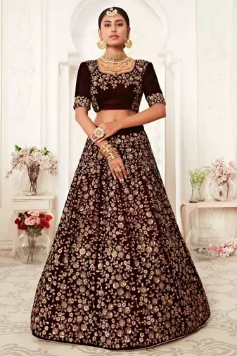 dark maroon silk blend lehenga with floral embroidery
