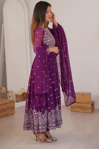 purple georgette anarkali set with mirror work