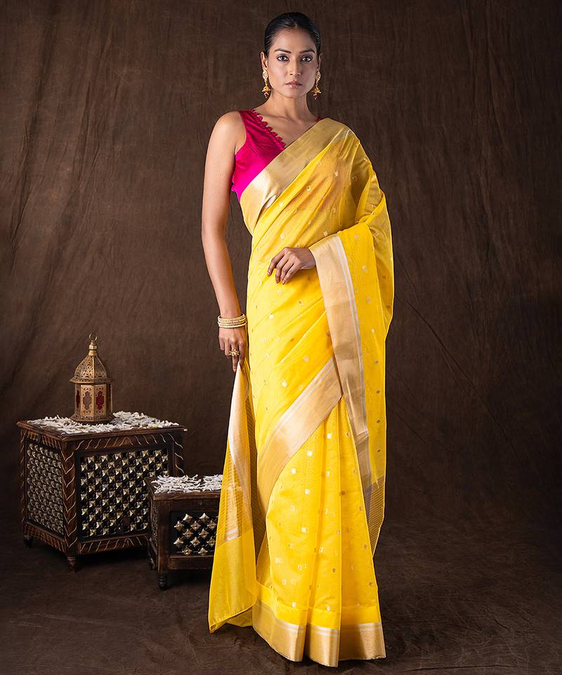 Yellow handloom pure katan silk saree