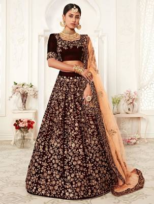 dark maroon silk blend lehenga with floral embroidery
 4