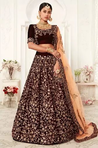 dark maroon silk blend lehenga with floral embroidery