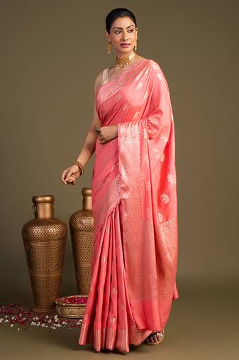 Peach handloom monga silk saree