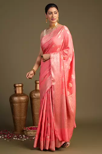 Peach handloom monga silk saree