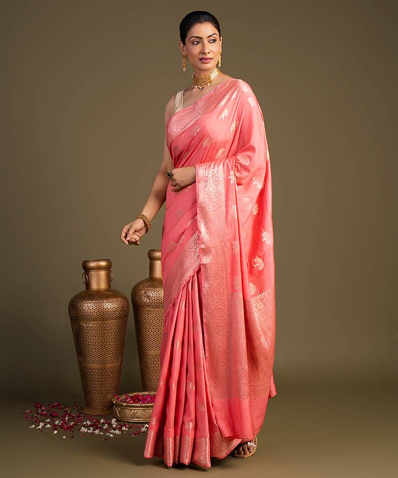 Peach handloom monga silk saree