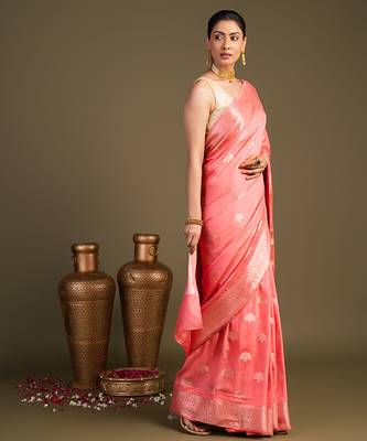 Peach handloom monga silk saree 2