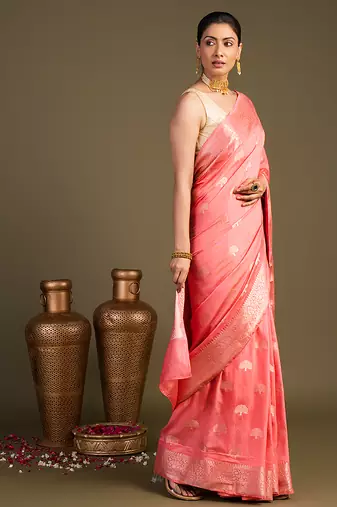 Peach handloom monga silk saree