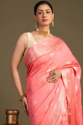 Peach handloom monga silk saree