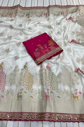 White Color embroidery cording sequin and thread work Dolla silk blend Saree
