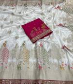 White Color embroidery cording sequin and thread work Dolla silk blend Saree