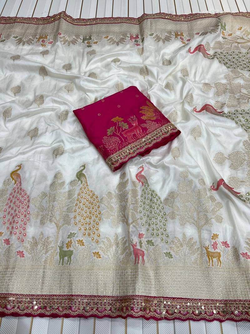 White Color embroidery cording sequin and thread work Dolla silk blend Saree