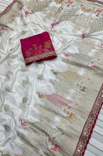 white silk blend saree with heavy pallu work