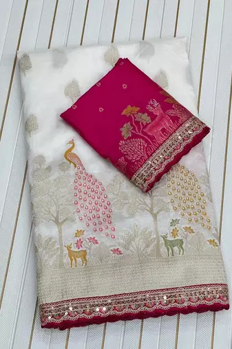 white silk blend saree with heavy pallu work