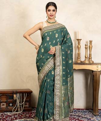 Teal green handloom pure katan silk saree 1