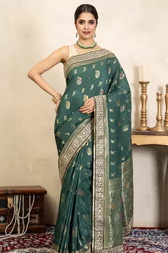 Teal green handloom pure katan silk saree