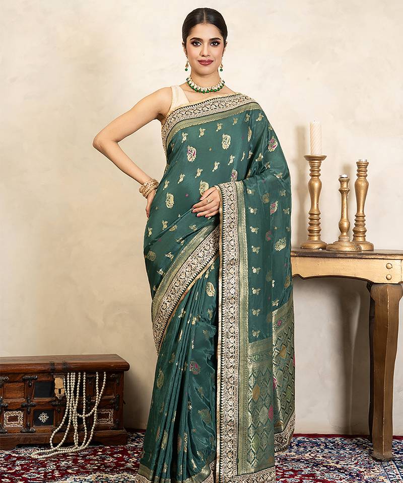 Teal green handloom pure katan silk saree
